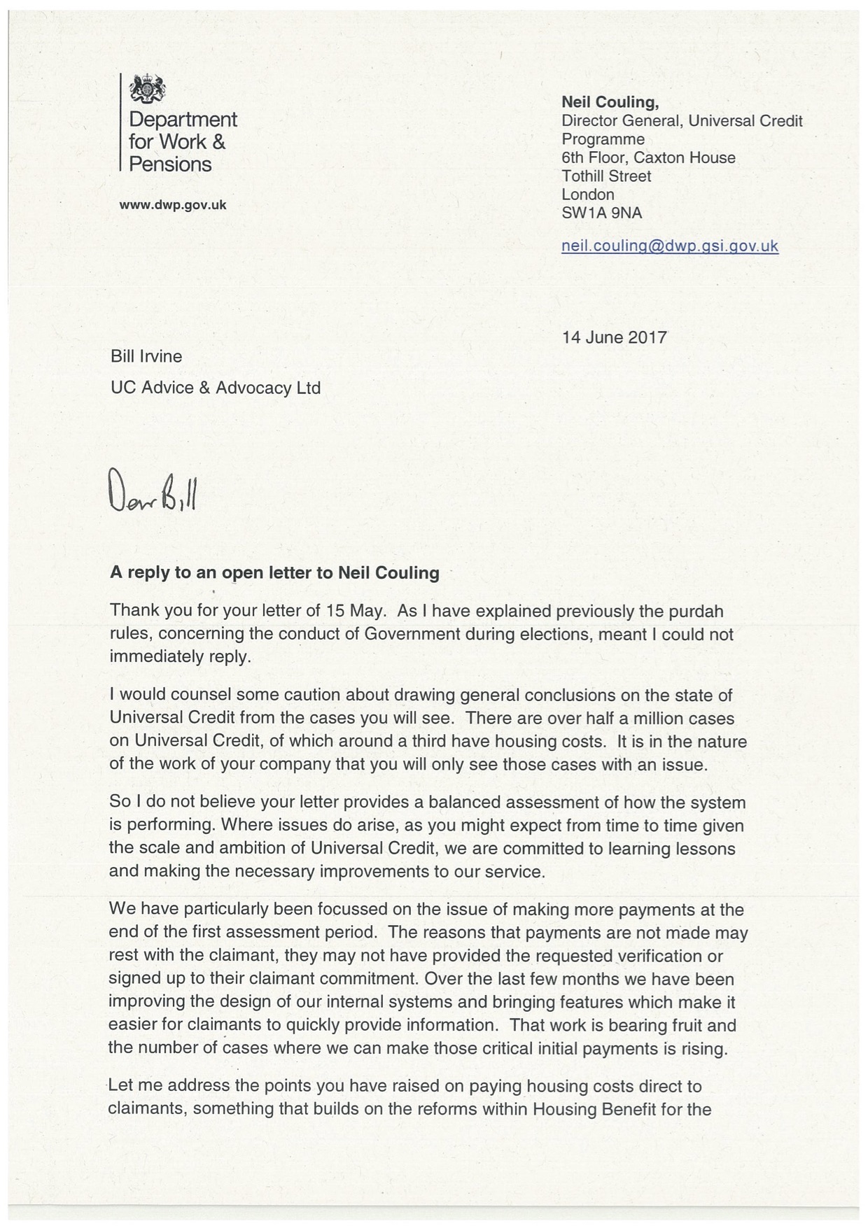 Dear Mr Couling Dwp S Director General Dear Mr Couling Dwp S Director General